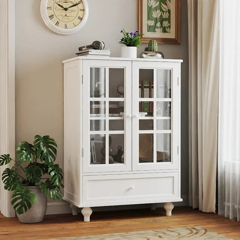 Bahut buffet minimaliste avec deux portes vitrées et un tiroir, meuble de rangement en bois pour salon, couloir