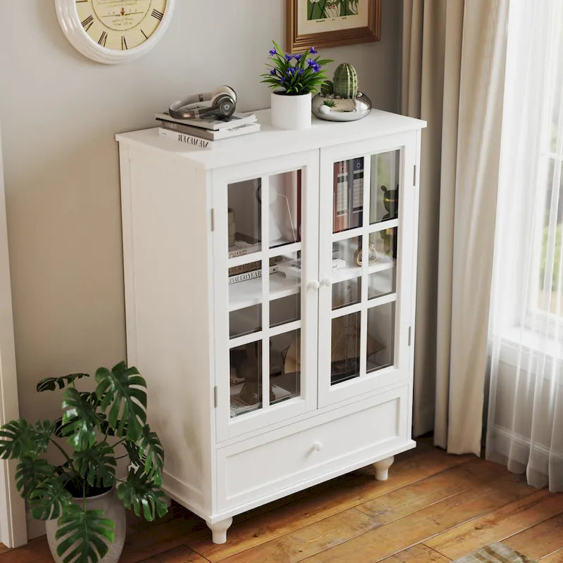 Bahut buffet minimaliste avec deux portes vitrées et un tiroir, meuble de rangement en bois pour salon, couloir