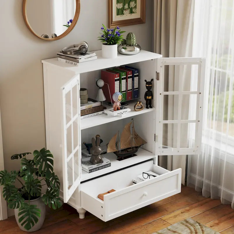 Bahut buffet minimaliste avec deux portes vitrées et un tiroir, meuble de rangement en bois pour salon, couloir