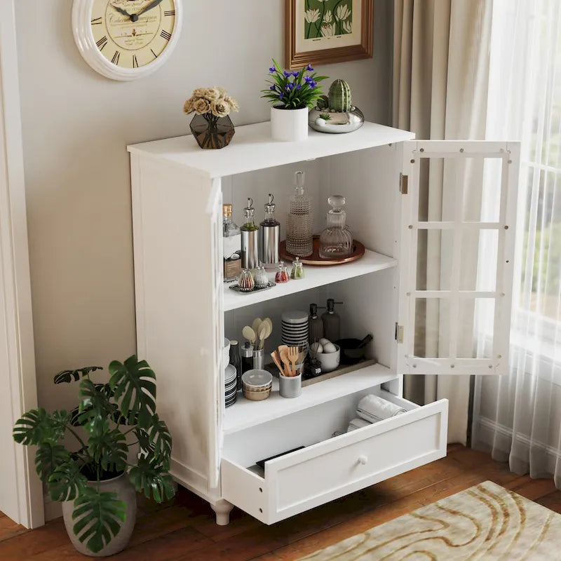 Bahut buffet minimaliste avec deux portes vitrées et un tiroir, meuble de rangement en bois pour salon, couloir