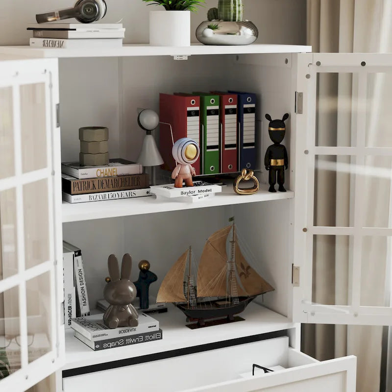 Bahut buffet minimaliste avec deux portes vitrées et un tiroir, meuble de rangement en bois pour salon, couloir