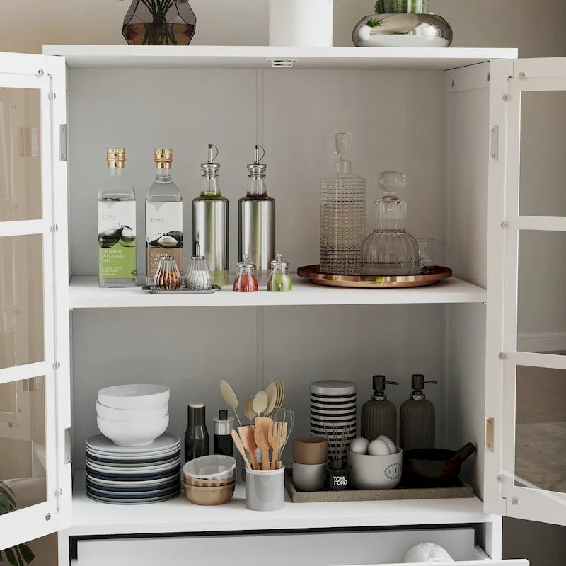 Bahut buffet minimaliste avec deux portes vitrées et un tiroir, meuble de rangement en bois pour salon, couloir