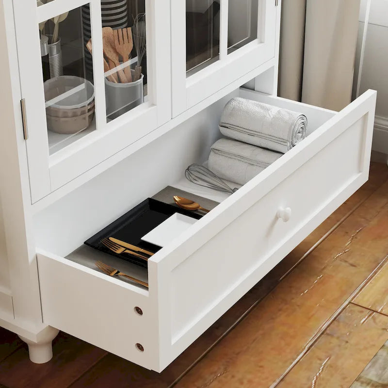 Bahut buffet minimaliste avec deux portes vitrées et un tiroir, meuble de rangement en bois pour salon, couloir