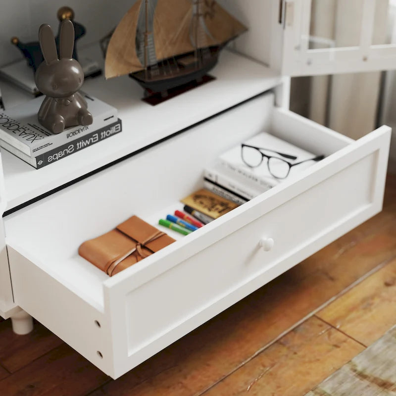 Bahut buffet minimaliste avec deux portes vitrées et un tiroir, meuble de rangement en bois pour salon, couloir