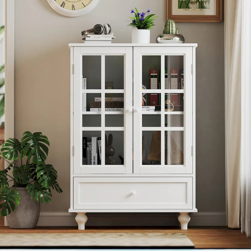 Bahut buffet minimaliste avec deux portes vitrées et un tiroir, meuble de rangement en bois pour salon, couloir