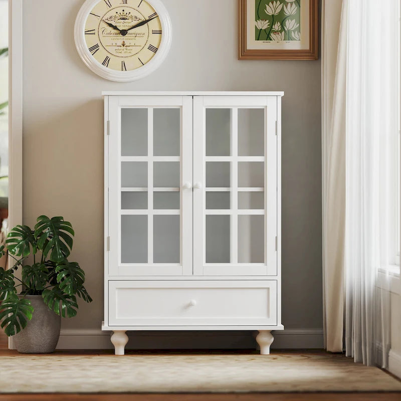 Bahut buffet minimaliste avec deux portes vitrées et un tiroir, meuble de rangement en bois pour salon, couloir