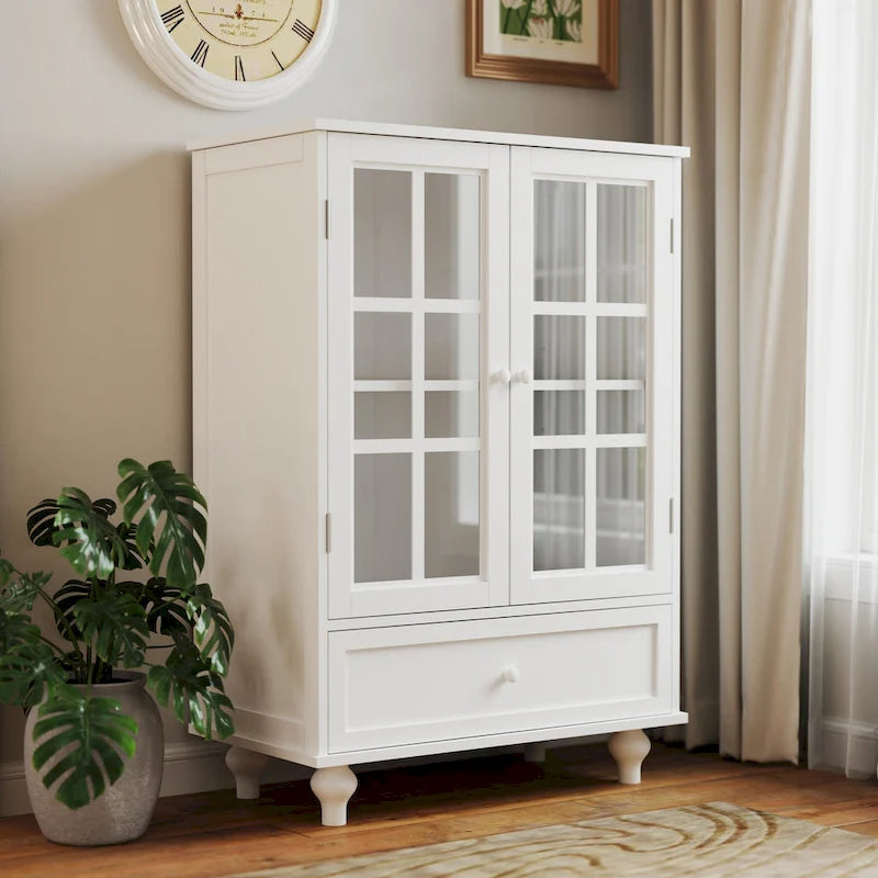 Bahut buffet minimaliste avec deux portes vitrées et un tiroir, meuble de rangement en bois pour salon, couloir