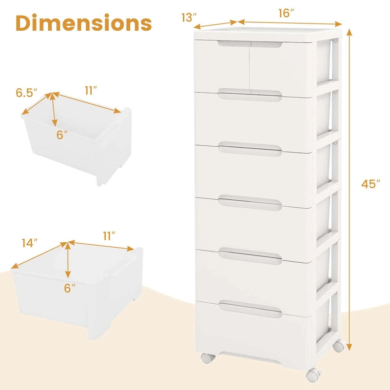 1 chariot de rangement roulant en plastique à 7 tiroirs avec 4 roulettes universelles - Voir détails