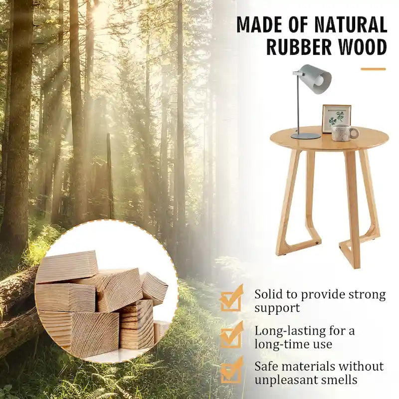 Table d'appoint ronde de 24 pouces en bois d'hévéa massif pour canapé et lit