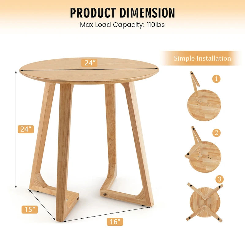 Table d'appoint ronde de 24 pouces en bois d'hévéa massif pour canapé et lit