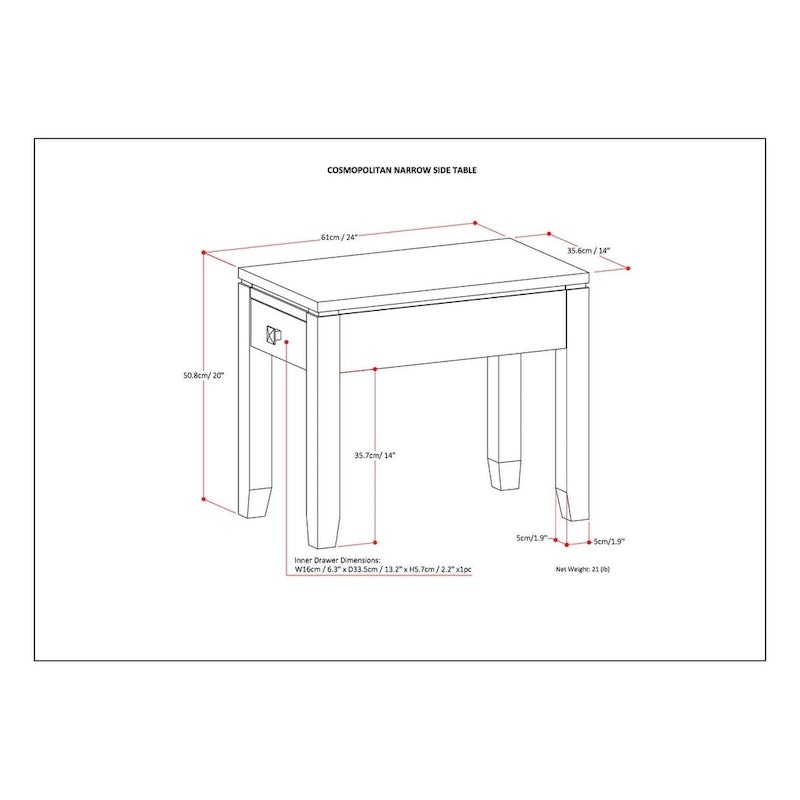 Table d'appoint rectangulaire étroite contemporaine en bois massif de 14 pouces de large - 14 x 24 x 20