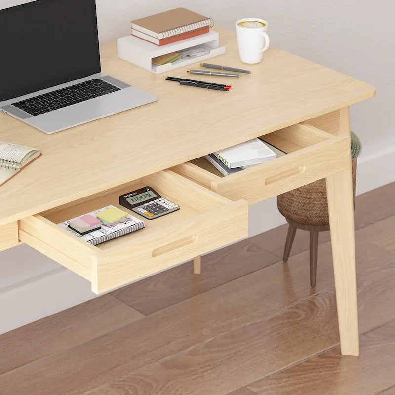 Bureau d'ordinateur en bois beige, bureau d'écriture de 119 cm avec 2 tiroirs