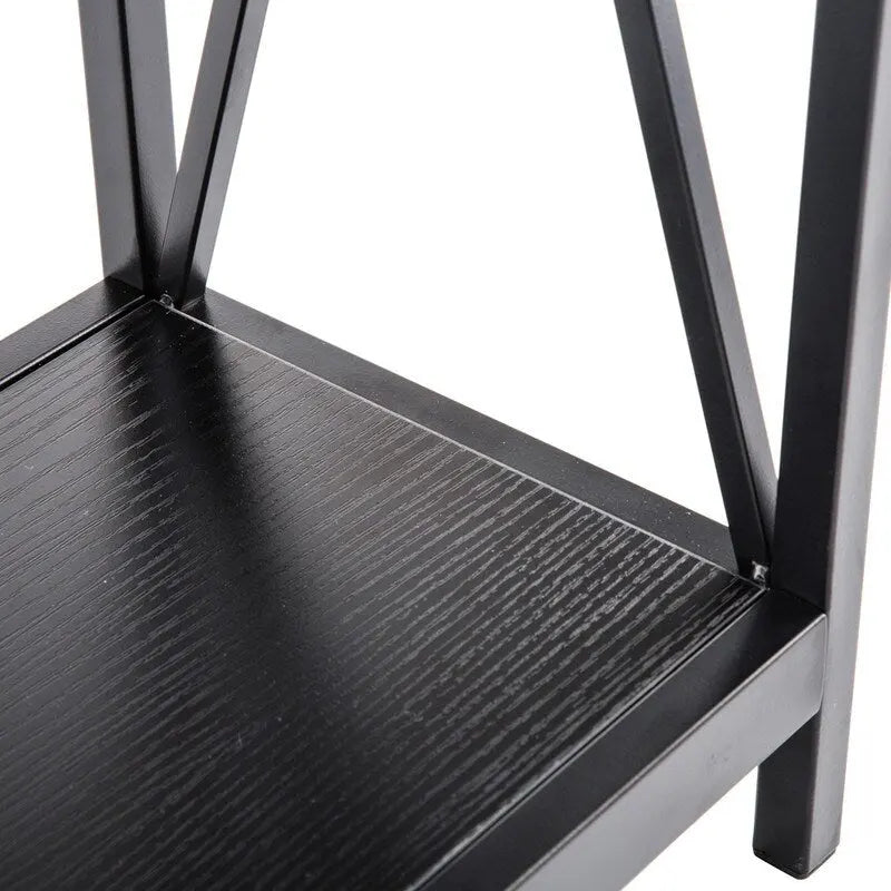 La console de commande étroite est dotée d'un plateau en mélamine et d'un cadre en fer en forme de croix.