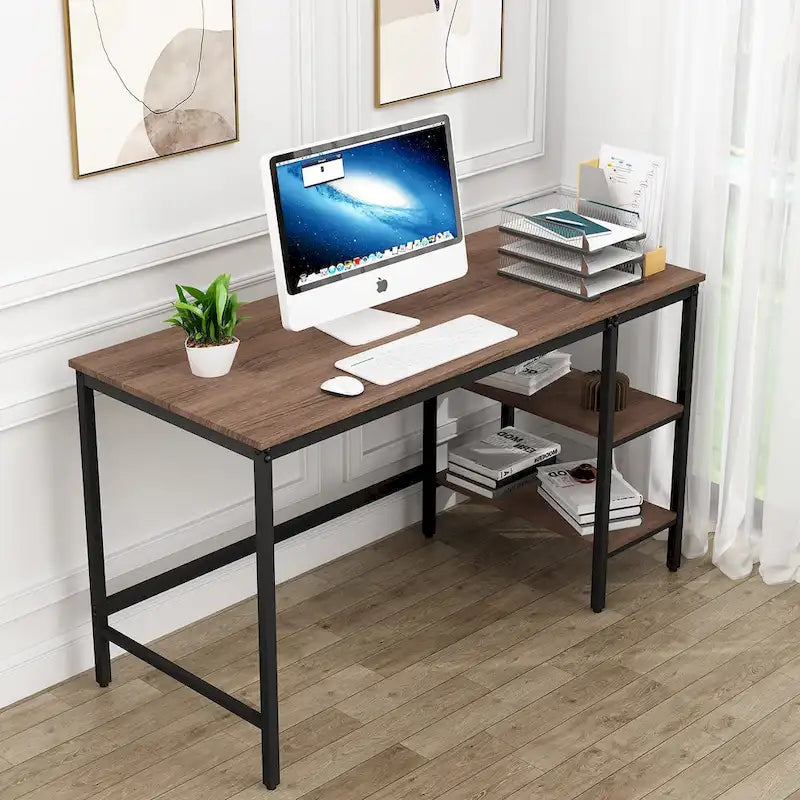 Bureau informatique avec étagères de rangement, poste de travail réversible industriel pour bureau à domicile