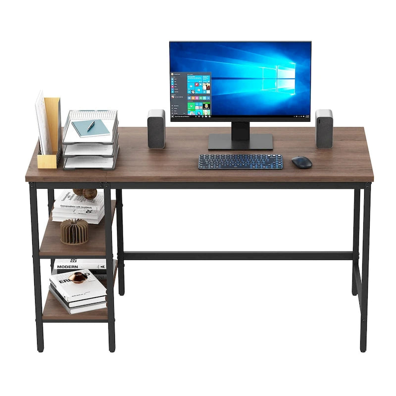 Bureau informatique avec étagères de rangement, poste de travail réversible industriel pour bureau à domicile