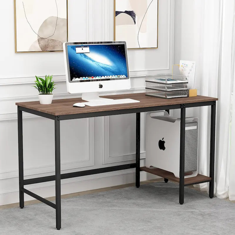 Bureau informatique avec étagères de rangement, poste de travail réversible industriel pour bureau à domicile