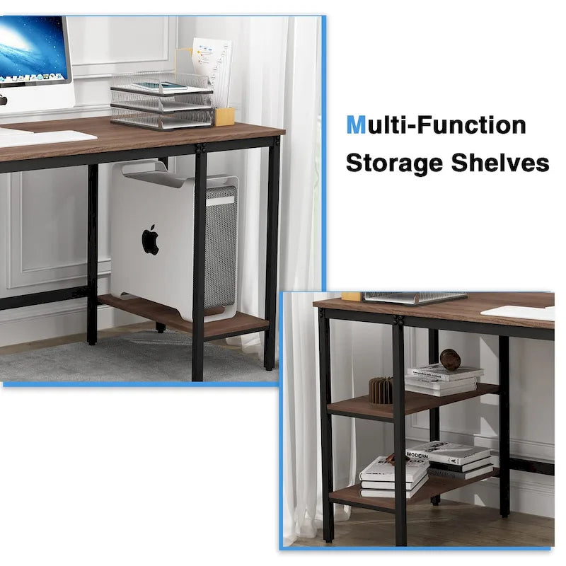 Bureau informatique avec étagères de rangement, poste de travail réversible industriel pour bureau à domicile