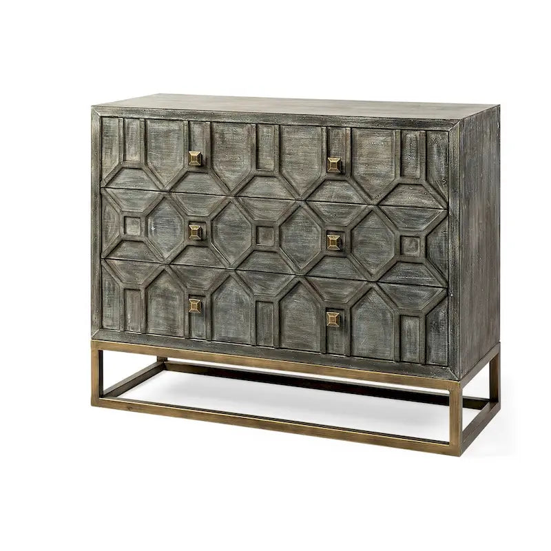 1 Meuble d'appoint 3 tiroirs en placage de sapin gris avec cadre en fer - 39.0L x 15.7W x 30.9H