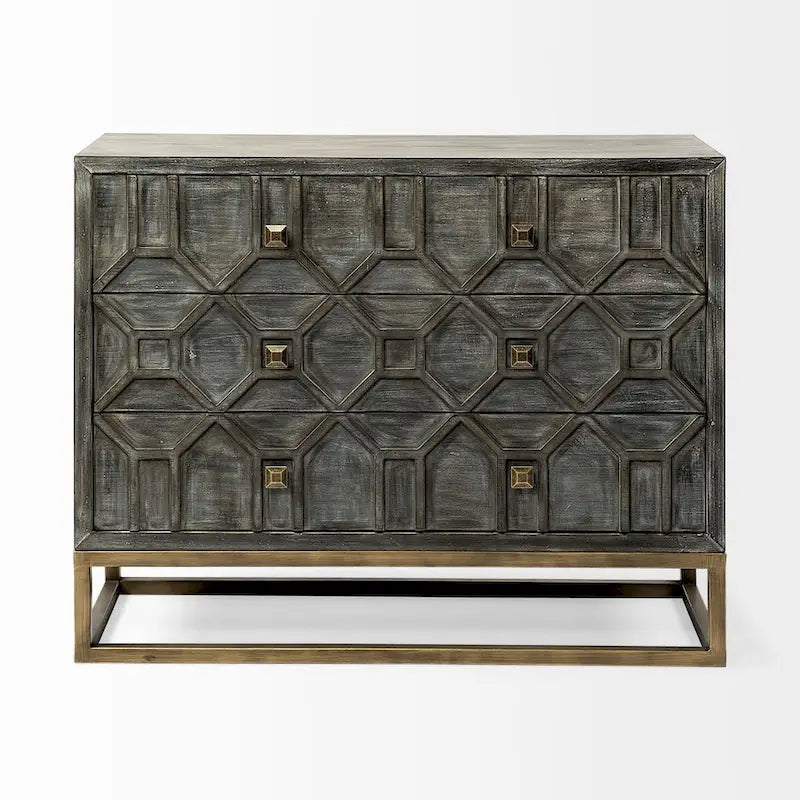 1 Meuble d'appoint 3 tiroirs en placage de sapin gris avec cadre en fer - 39.0L x 15.7W x 30.9H