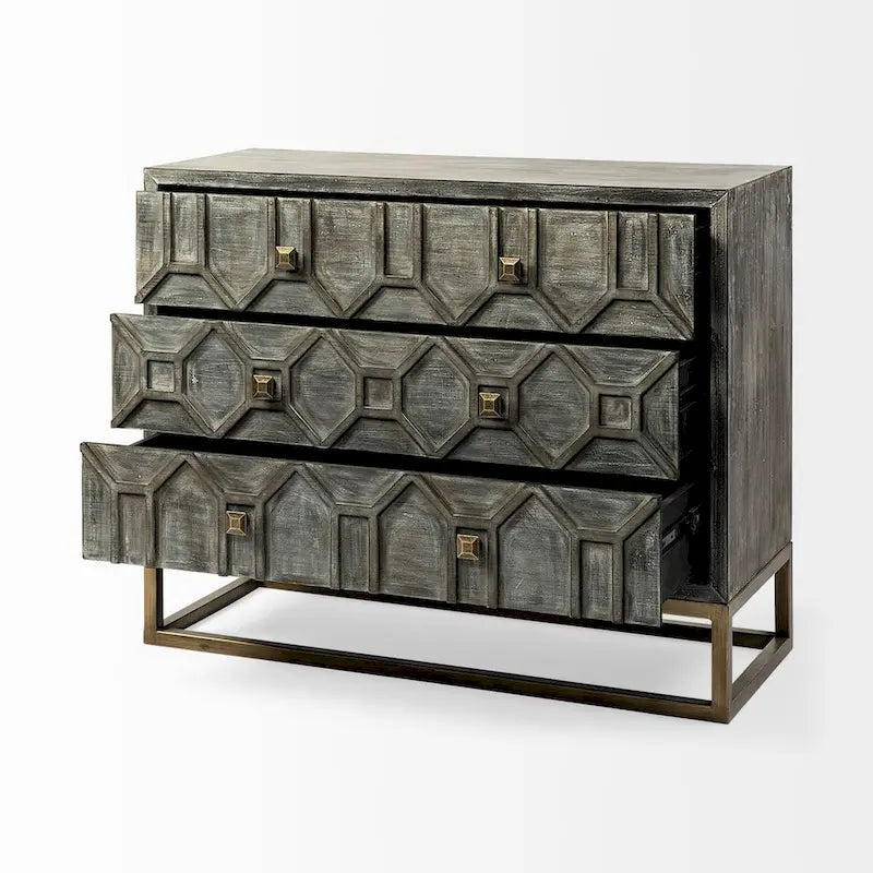 1 Meuble d'appoint 3 tiroirs en placage de sapin gris avec cadre en fer - 39.0L x 15.7W x 30.9H