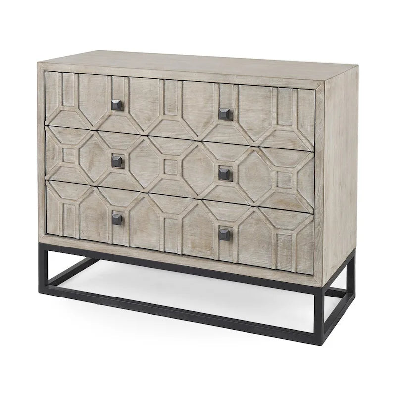 1 Meuble d'appoint 3 tiroirs en placage de sapin gris avec cadre en fer - 39.0L x 15.7W x 30.9H