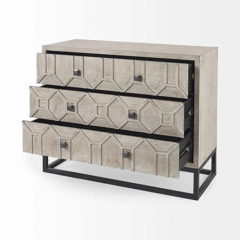1 Meuble d'appoint 3 tiroirs en placage de sapin gris avec cadre en fer - 39.0L x 15.7W x 30.9H
