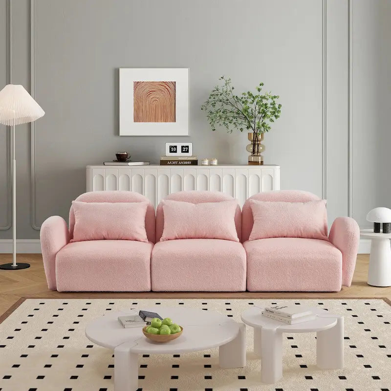 Canapé paresseux trois places en tissu Teddy blanc pour salon, haute qualité et durable