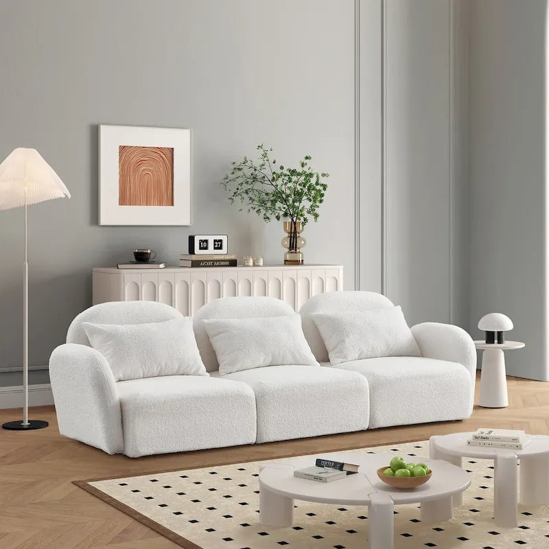Canapé paresseux trois places en tissu Teddy blanc pour salon, haute qualité et durable