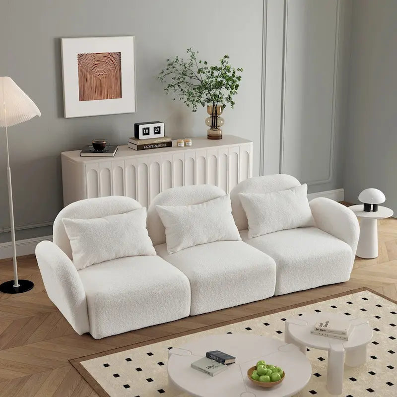 Canapé paresseux trois places en tissu Teddy blanc pour salon, haute qualité et durable
