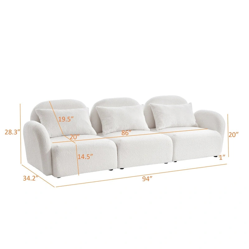 Canapé paresseux trois places en tissu Teddy blanc pour salon, haute qualité et durable
