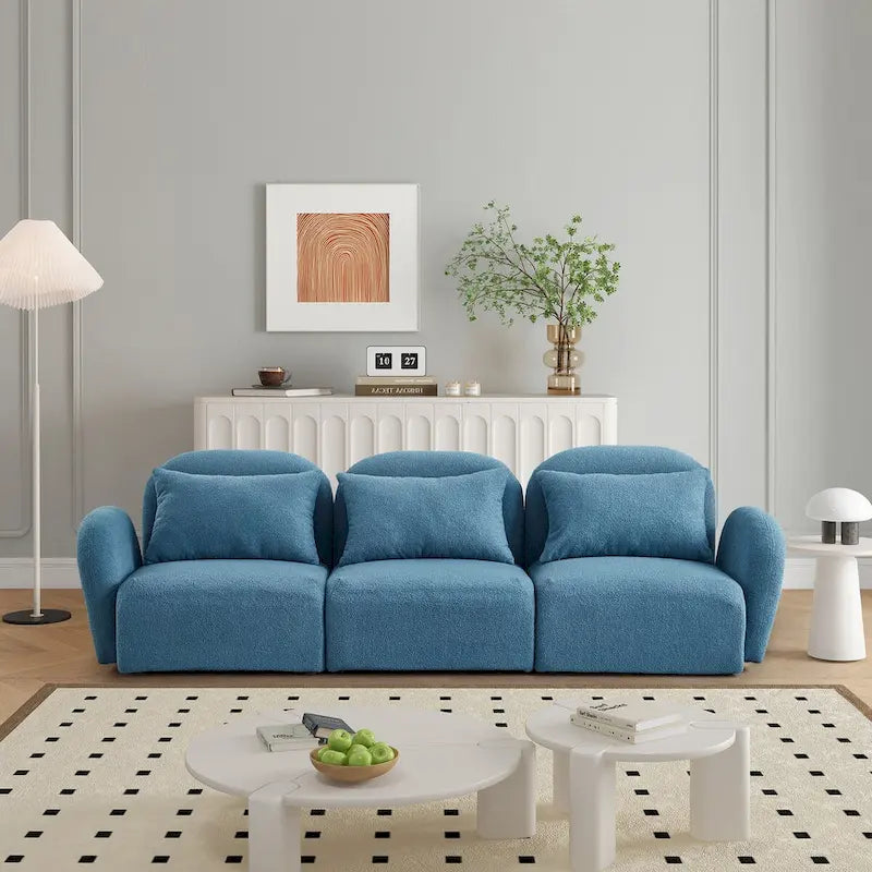 Canapé paresseux trois places en tissu Teddy blanc pour salon, haute qualité et durable