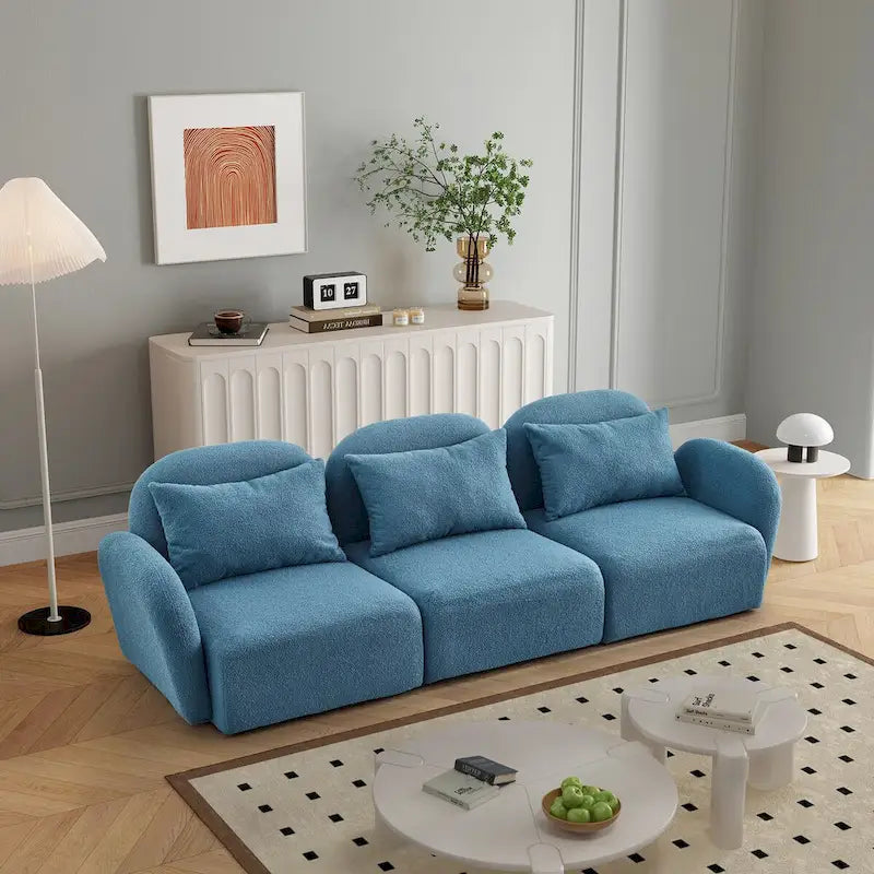 Canapé paresseux trois places en tissu Teddy blanc pour salon, haute qualité et durable