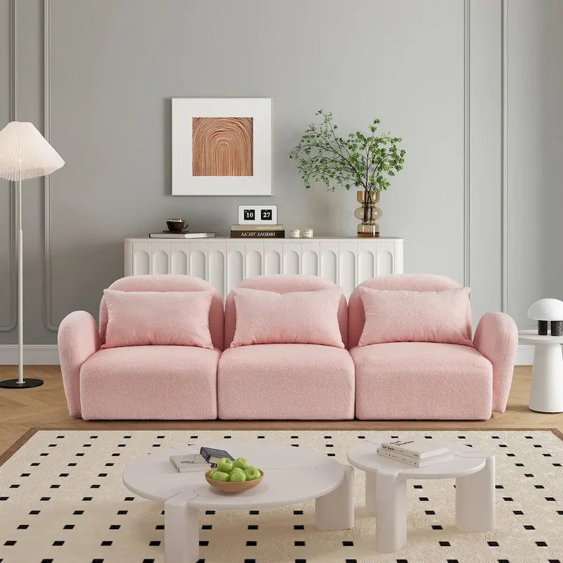Canapé paresseux trois places en tissu Teddy blanc pour salon, haute qualité et durable