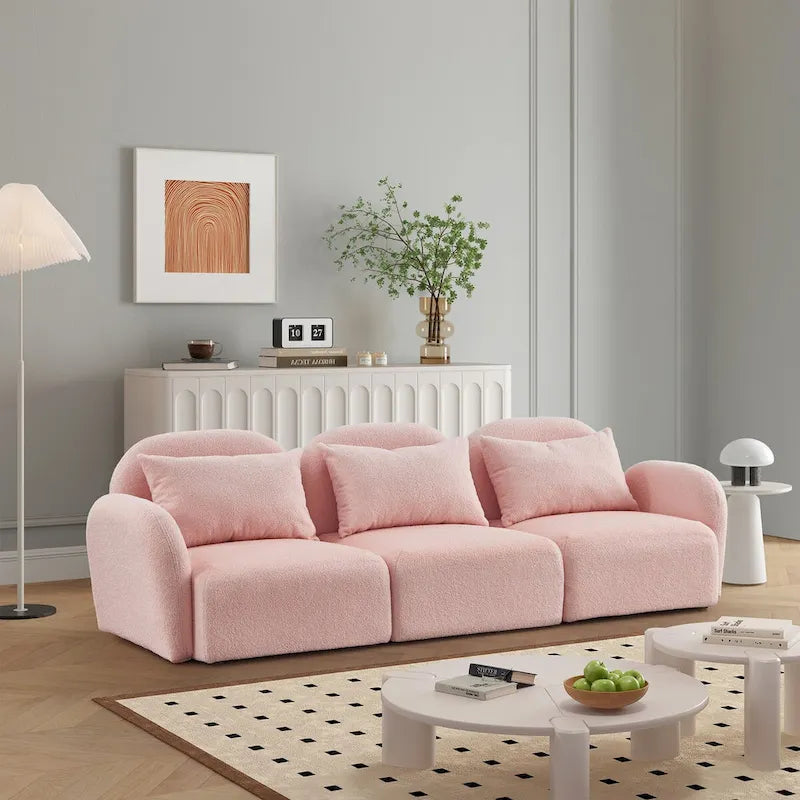Canapé paresseux trois places en tissu Teddy blanc pour salon, haute qualité et durable