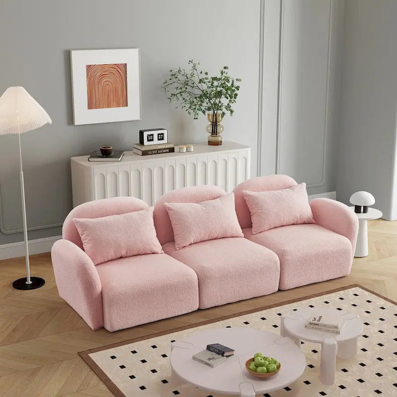 Canapé paresseux trois places en tissu Teddy blanc pour salon, haute qualité et durable