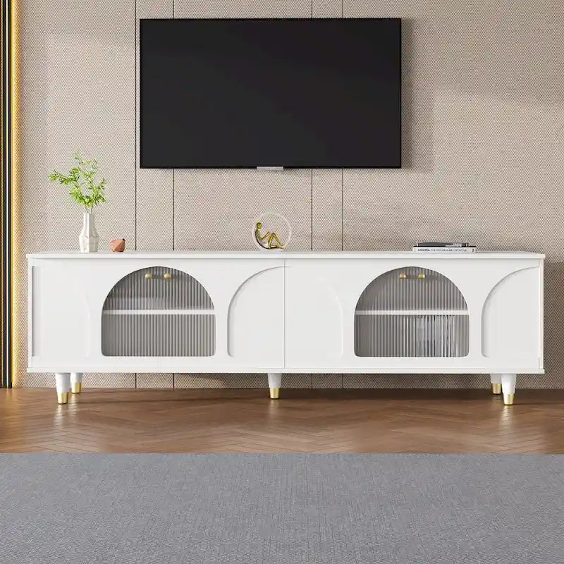 Mieres TV Stand for TVs Up to 78, Entertainment Center with Adjustable Shelves, Gold Handles and Arch Fluted Glass Doors