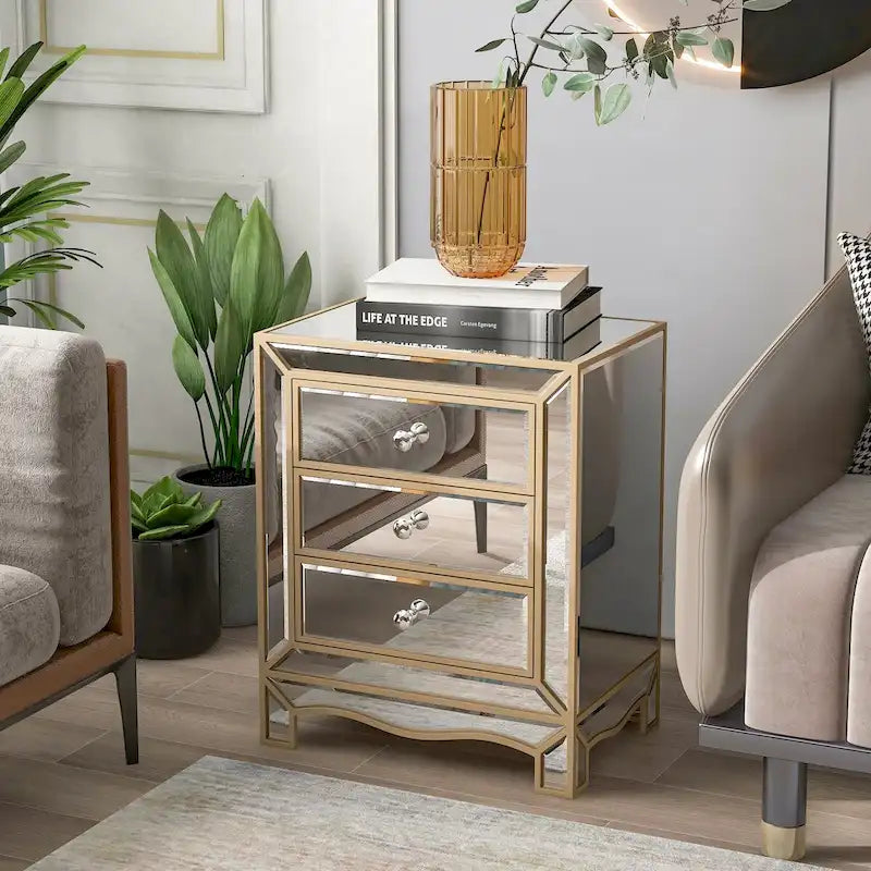 L 19,7 X P 15 X H 26 Armoire de rangement à trois tiroirs avec miroir couleur champagne, table de chevet multifonctionnelle