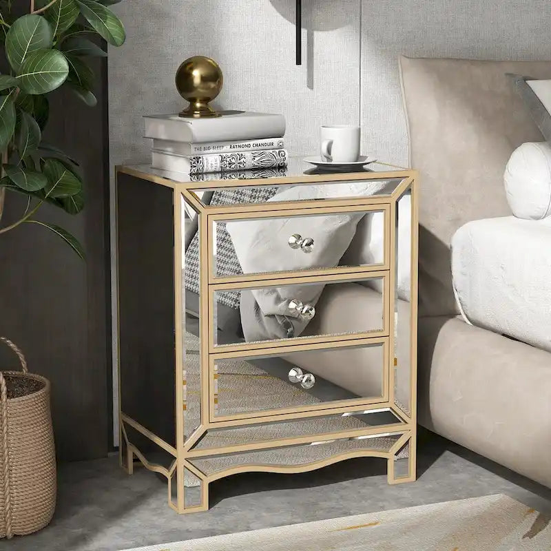 L 19,7 X P 15 X H 26 Armoire de rangement à trois tiroirs avec miroir couleur champagne, table de chevet multifonctionnelle