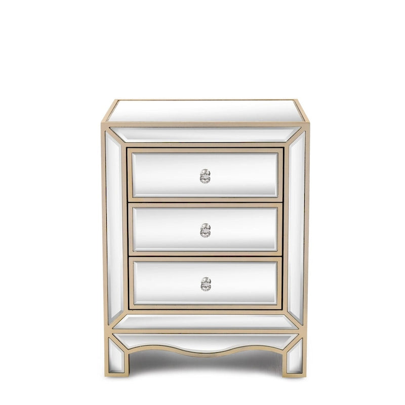 L 19,7 X P 15 X H 26 Armoire de rangement à trois tiroirs avec miroir couleur champagne, table de chevet multifonctionnelle