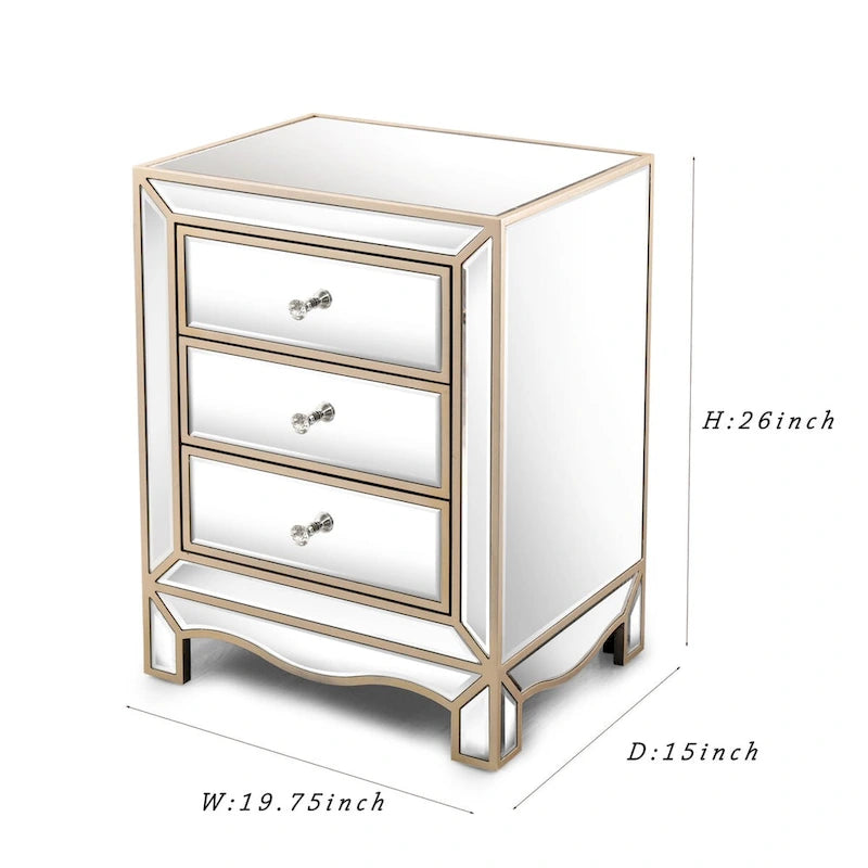 L 19,7 X P 15 X H 26 Armoire de rangement à trois tiroirs avec miroir couleur champagne, table de chevet multifonctionnelle