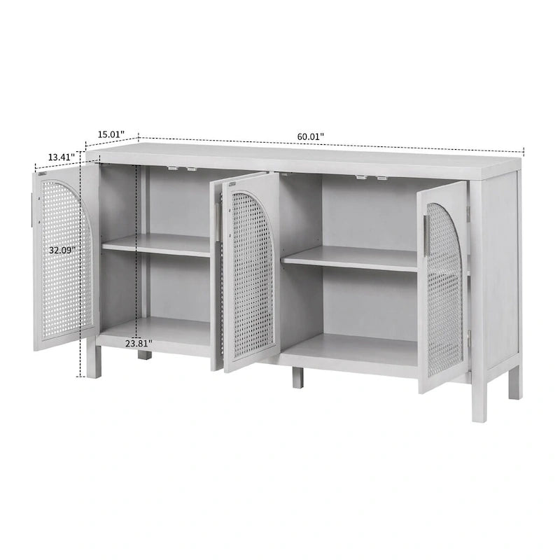 Buffet de style ferme moderne avec quatre portes décorées de rotin artificiel