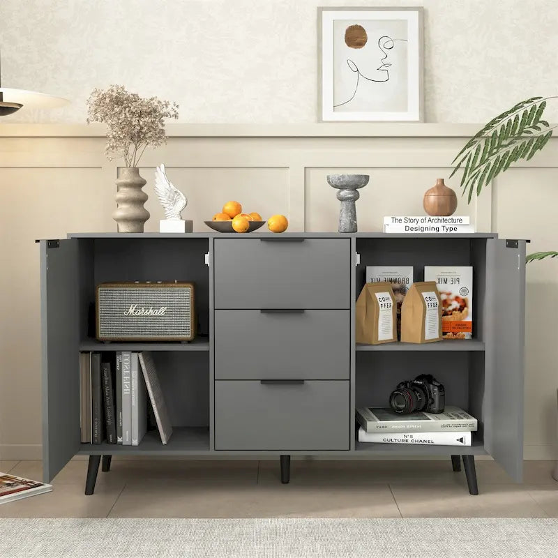 Buffet en bois avec rangement, 3 tiroirs et 2 portes