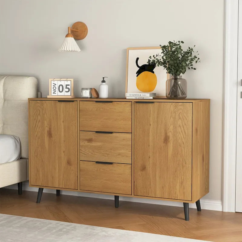 Buffet en bois avec rangement, 3 tiroirs et 2 portes