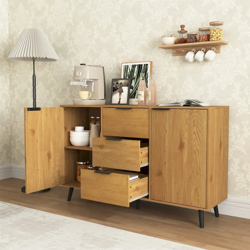 Buffet en bois avec rangement, 3 tiroirs et 2 portes