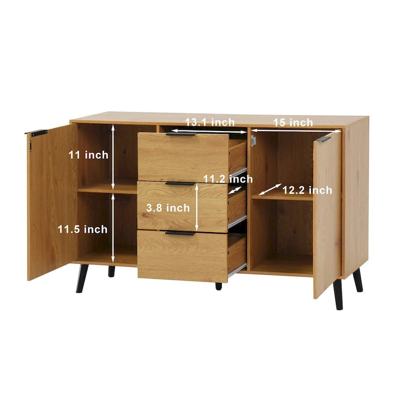 Buffet en bois avec rangement, 3 tiroirs et 2 portes