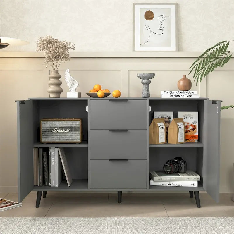 Buffet en bois avec rangement, 3 tiroirs et 2 portes