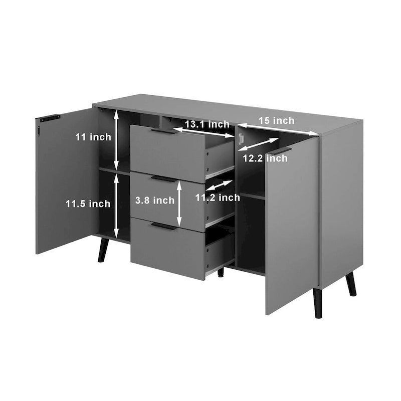 Buffet en bois avec rangement, 3 tiroirs et 2 portes