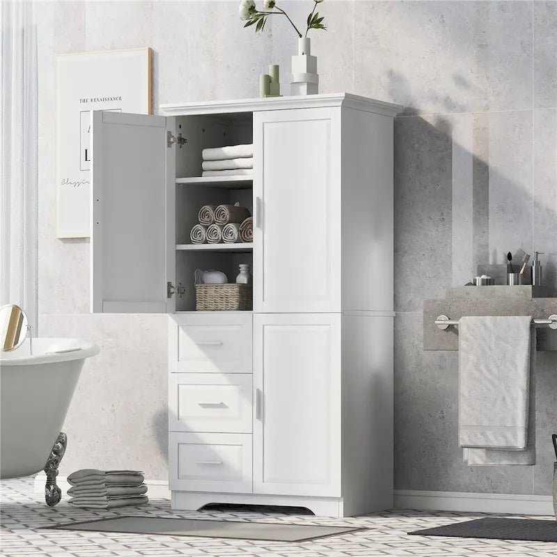 Meuble de rangement haut et large avec portes pour salle de bain, trois tiroirs