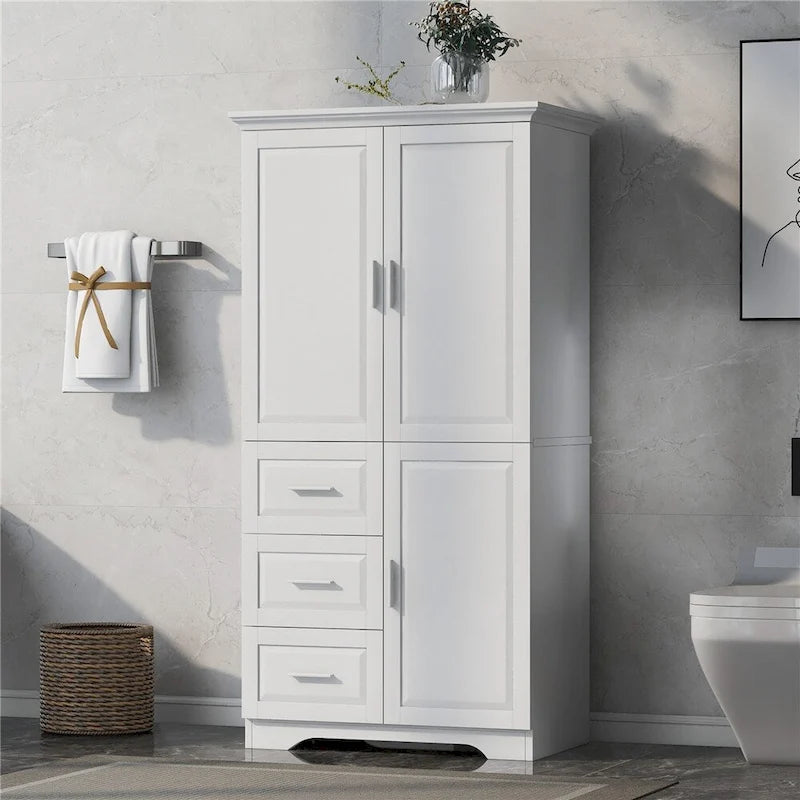 Meuble de rangement haut et large avec portes pour salle de bain, trois tiroirs