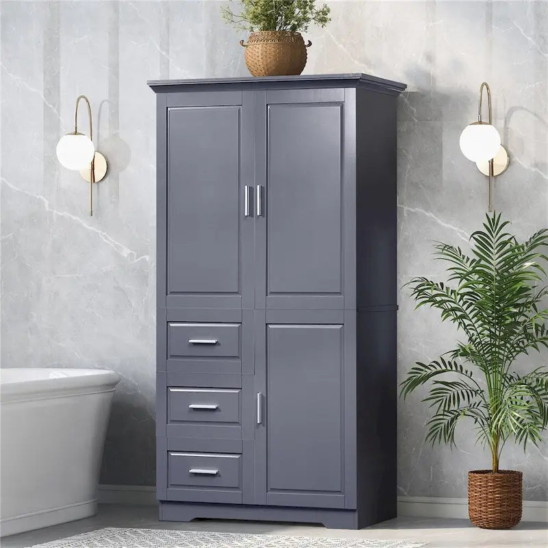 Meuble de rangement haut et large avec portes pour salle de bain, trois tiroirs